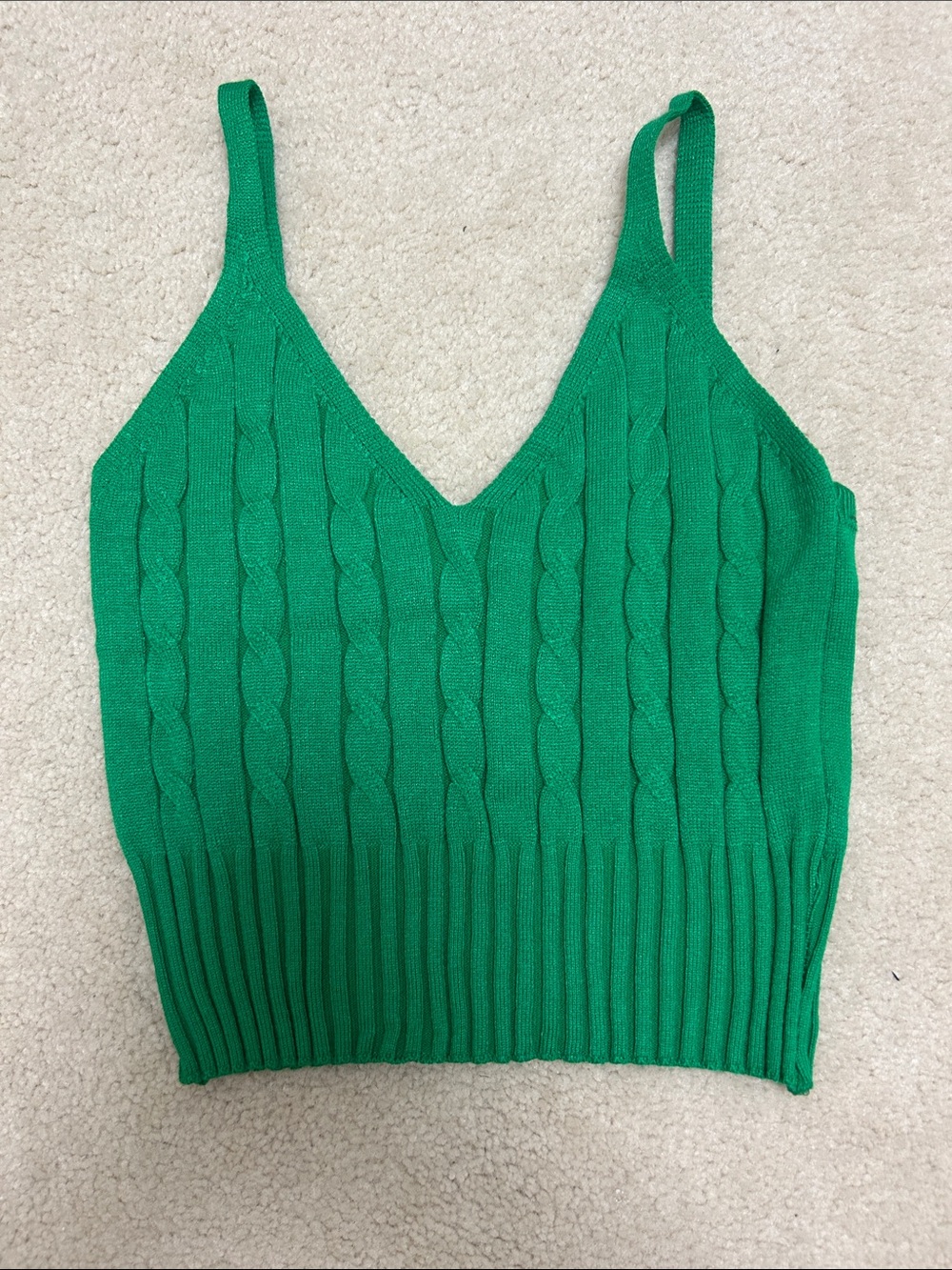 Green Cable-Knit V-Neck Camisole Tank